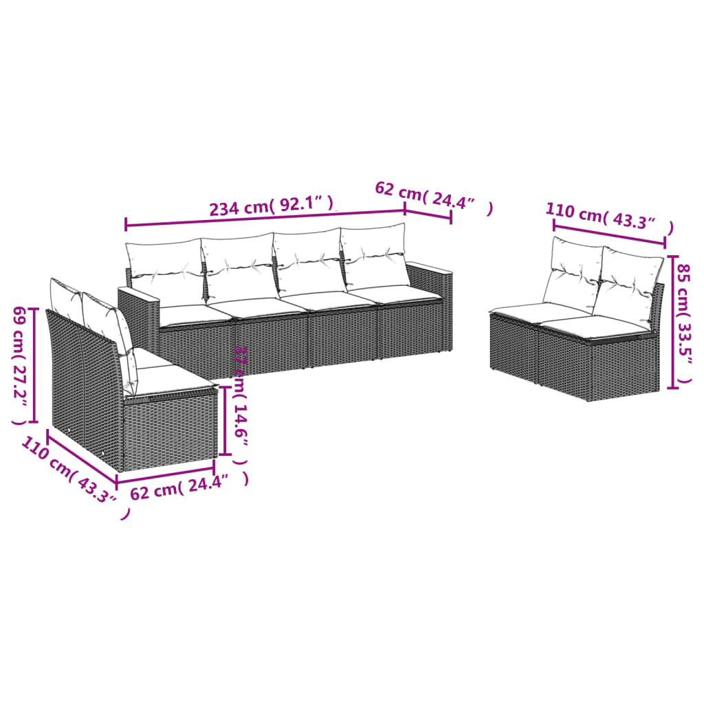 vidaXL 8-delige Loungeset met kussens poly rattan zwart