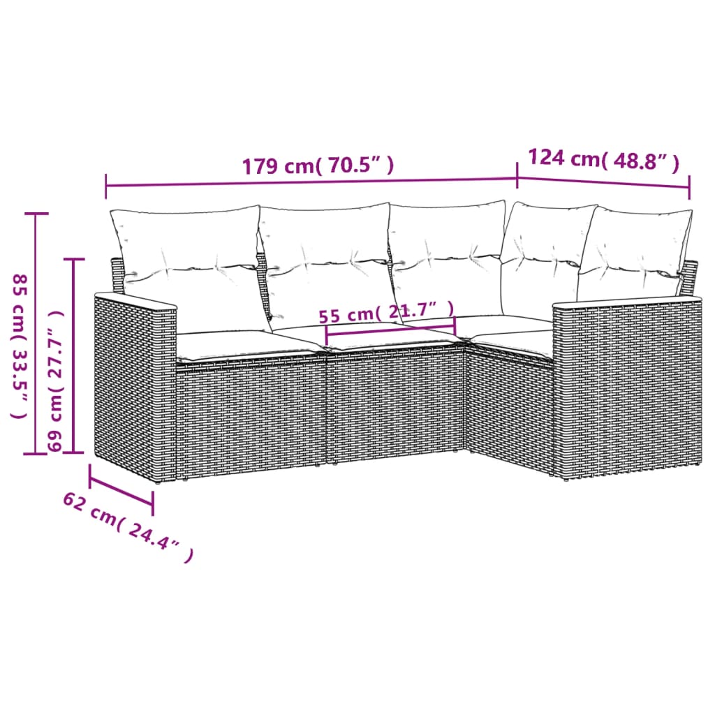 vidaXL 4-delige tuinbankset met kussens, zwart polyrotan