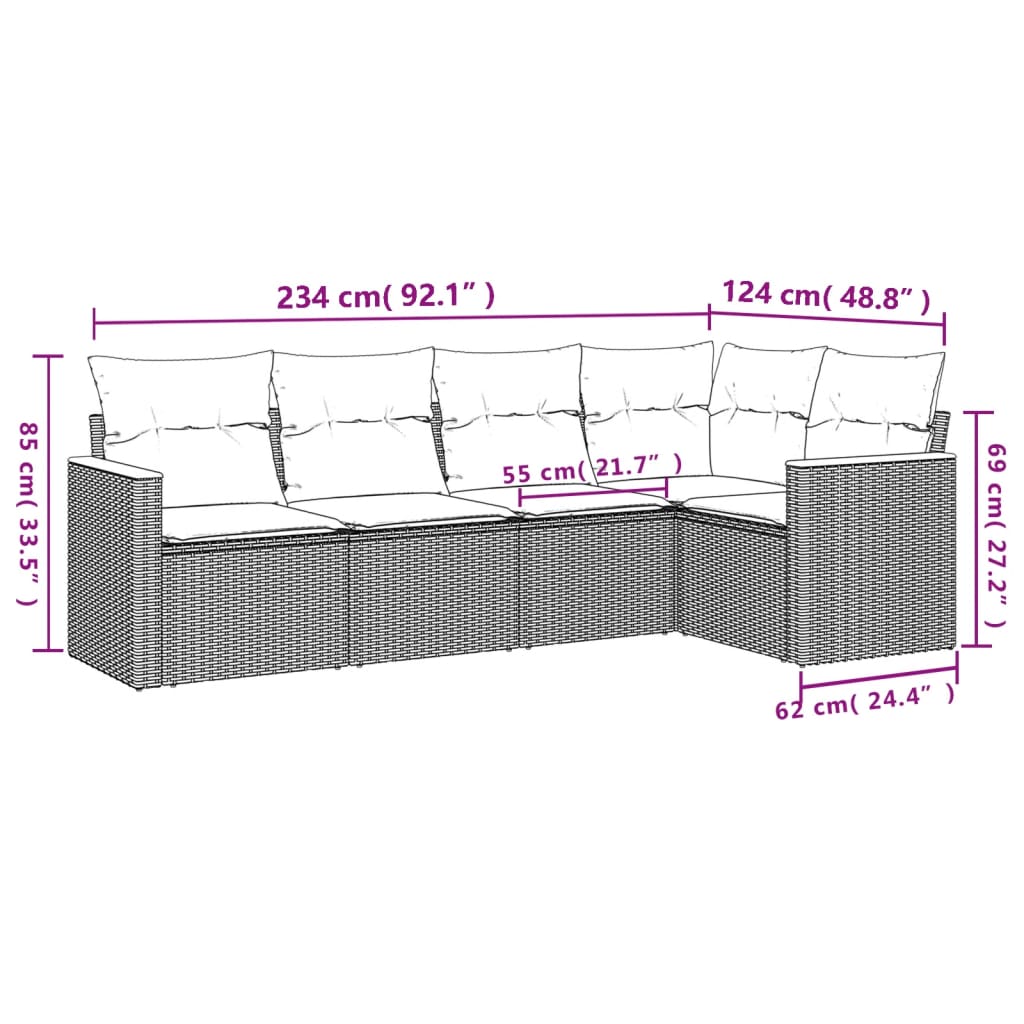 vidaXL 5-delige Loungeset met kussens poly rattan zwart