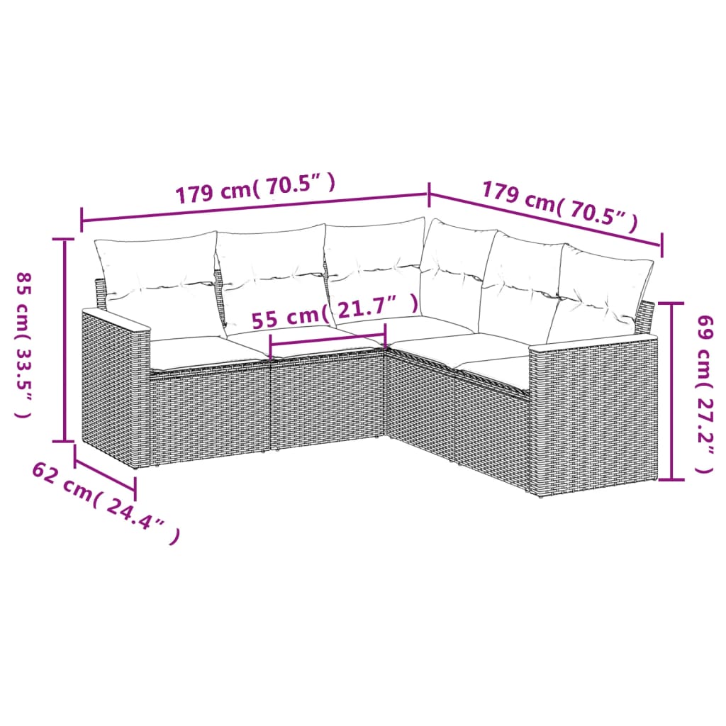 vidaXL 5-delige Loungeset met kussens poly rattan zwart