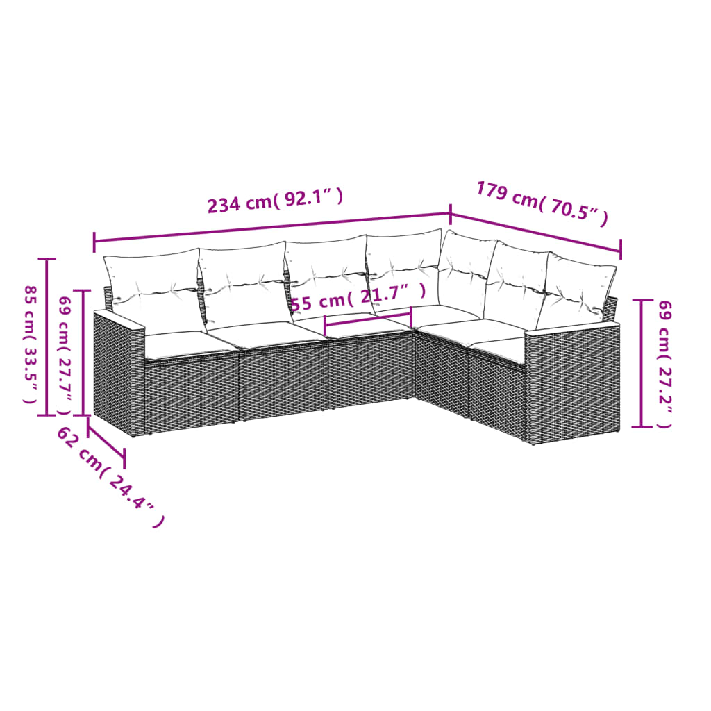 vidaXL 6-delige Loungeset met kussens poly rattan zwart