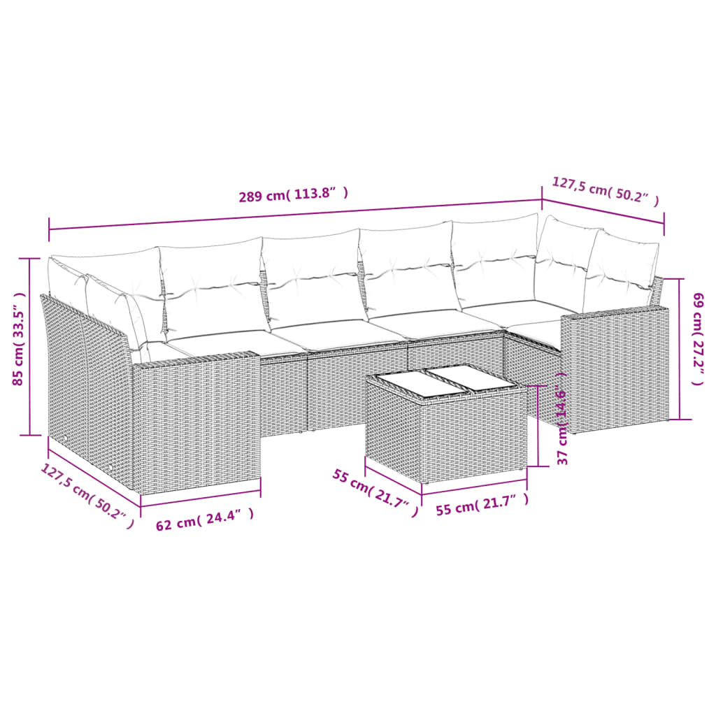 vidaXL 8-delige Loungeset met kussens poly rattan zwart