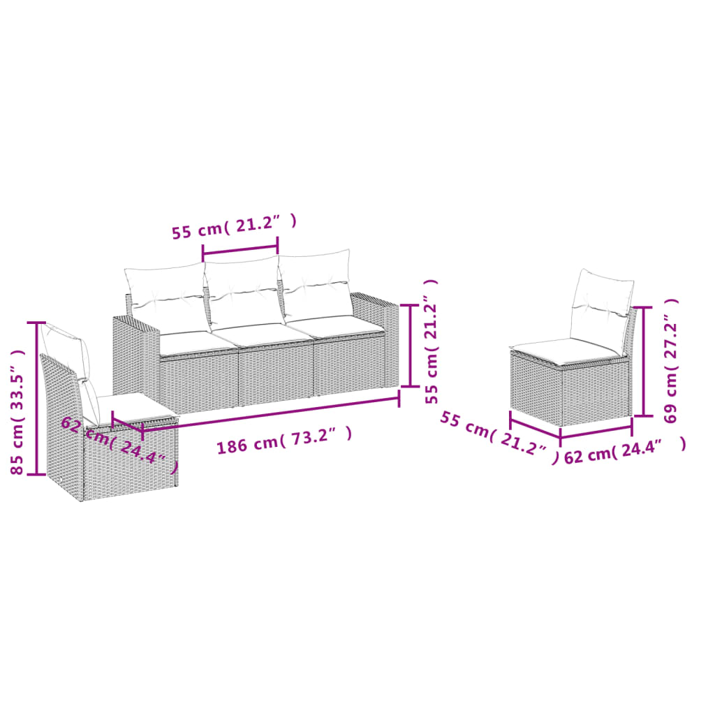 vidaXL 5-delige Loungeset met kussens poly rattan zwart