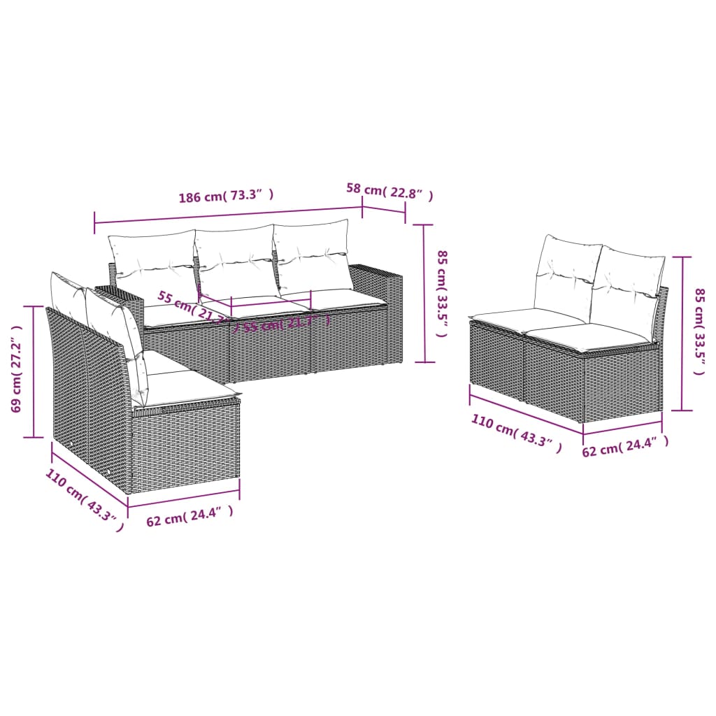 vidaXL 7-delige Loungeset met kussens poly rattan zwart