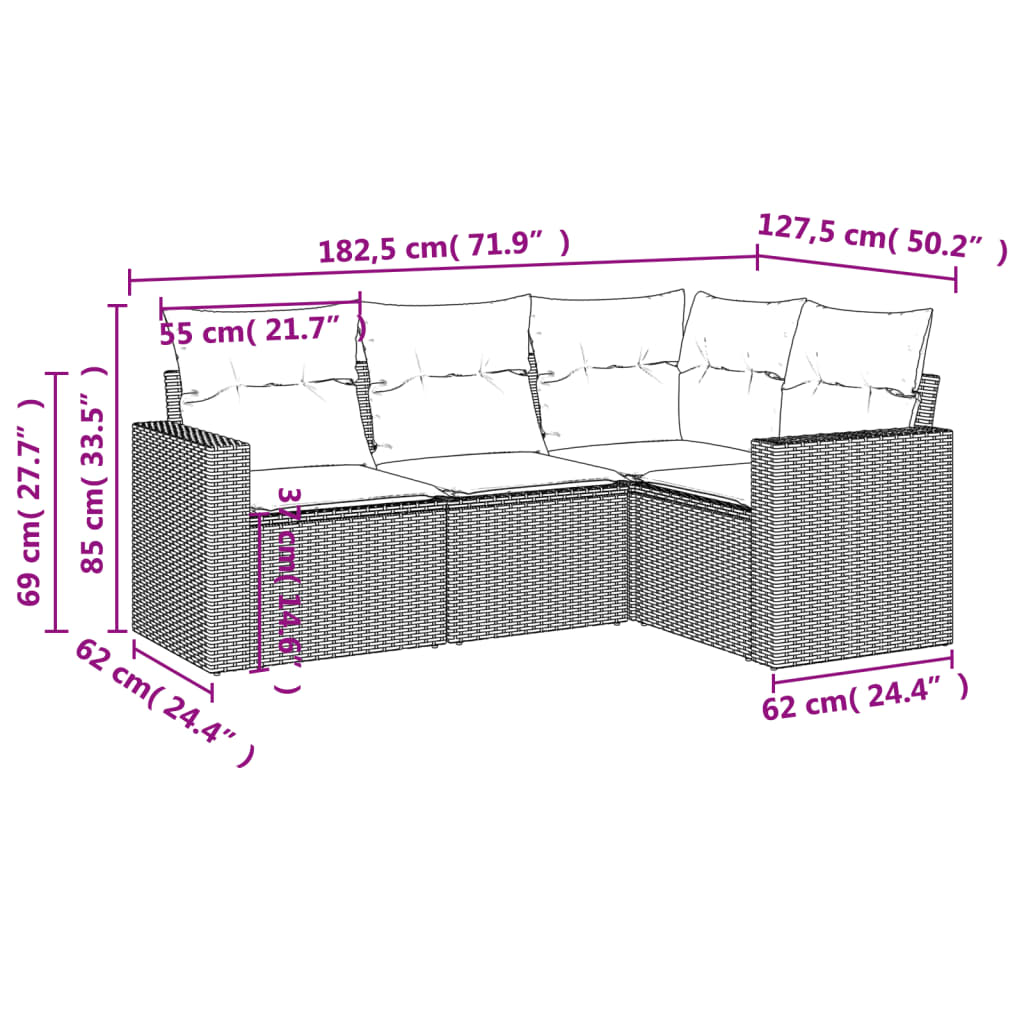 vidaXL 4-delige Loungeset met kussens poly rattan zwart