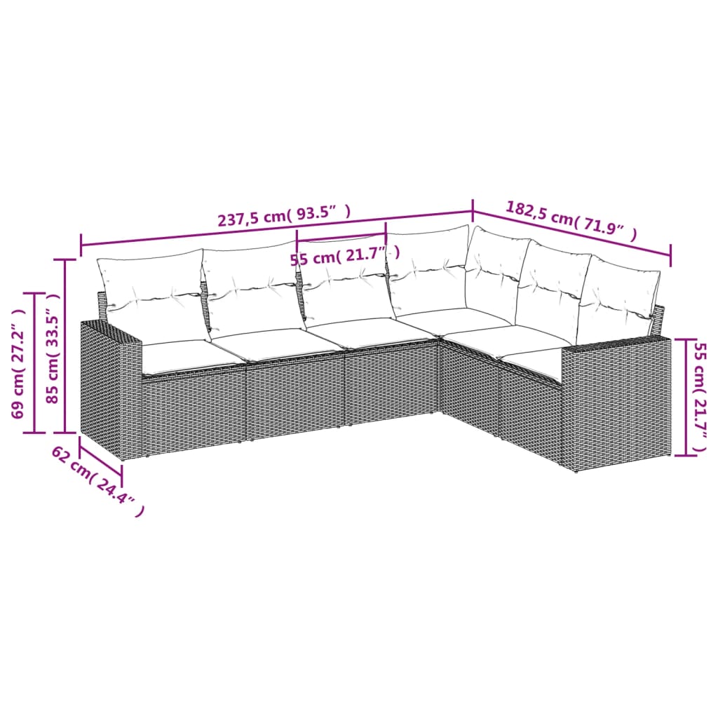 vidaXL 6-delige Loungeset met kussens poly rattan zwart
