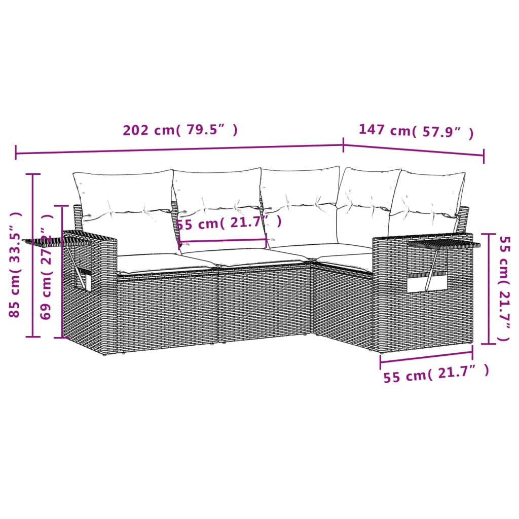 vidaXL 4-Piece Poly Rattan Lounge Set with Cushions Black
