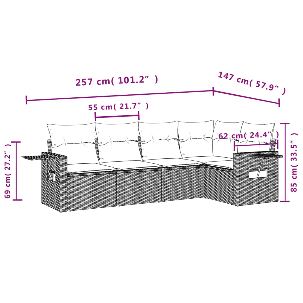 vidaXL 5-piece Lounge Set with Cushions Poly Rattan Black