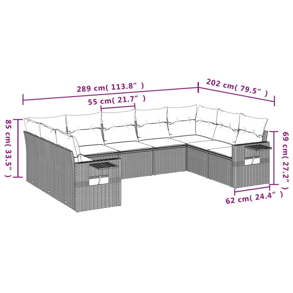 vidaXL 9-delige Loungeset met kussens poly rattan zwart