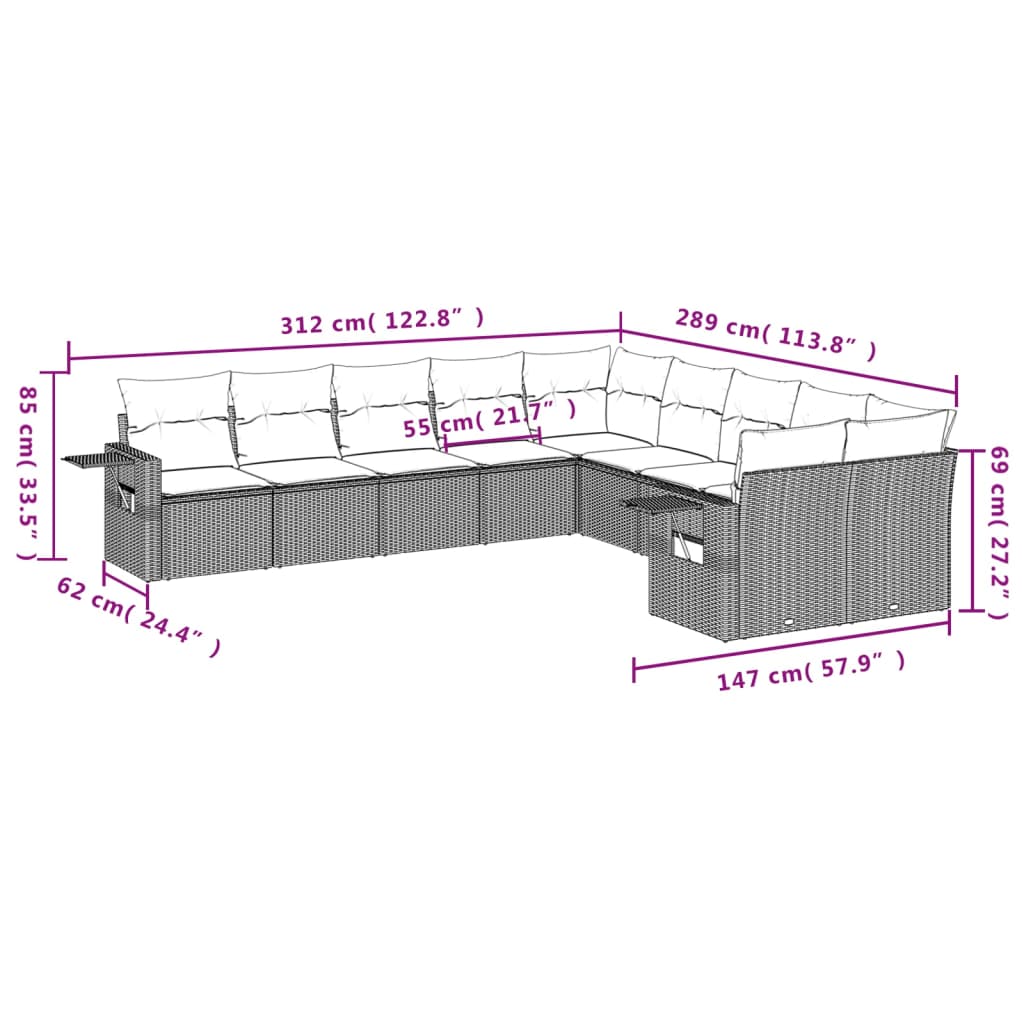 vidaXL 10-delige Loungeset met kussens poly rattan zwart