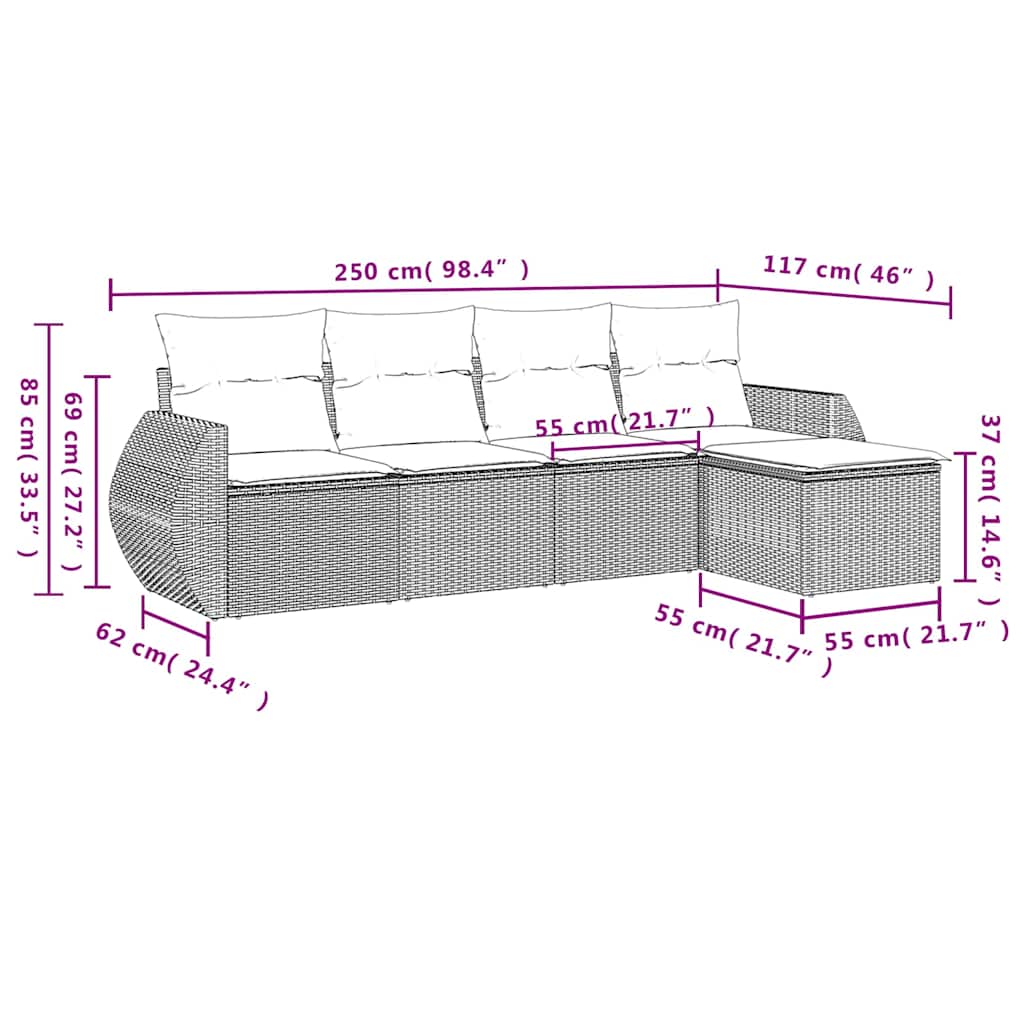 vidaXL 5-delige Loungeset met kussens poly rattan zwart