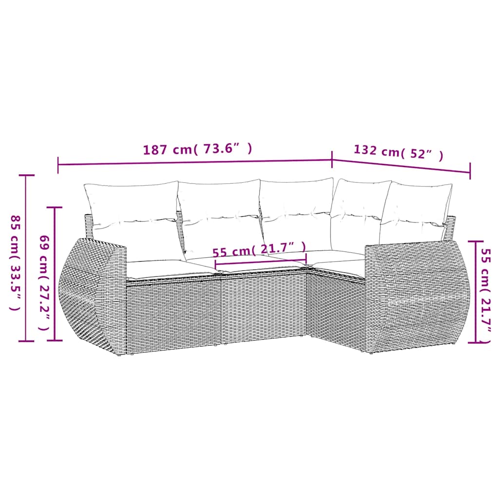 vidaXL 4-delige Loungeset met kussens poly rattan zwart