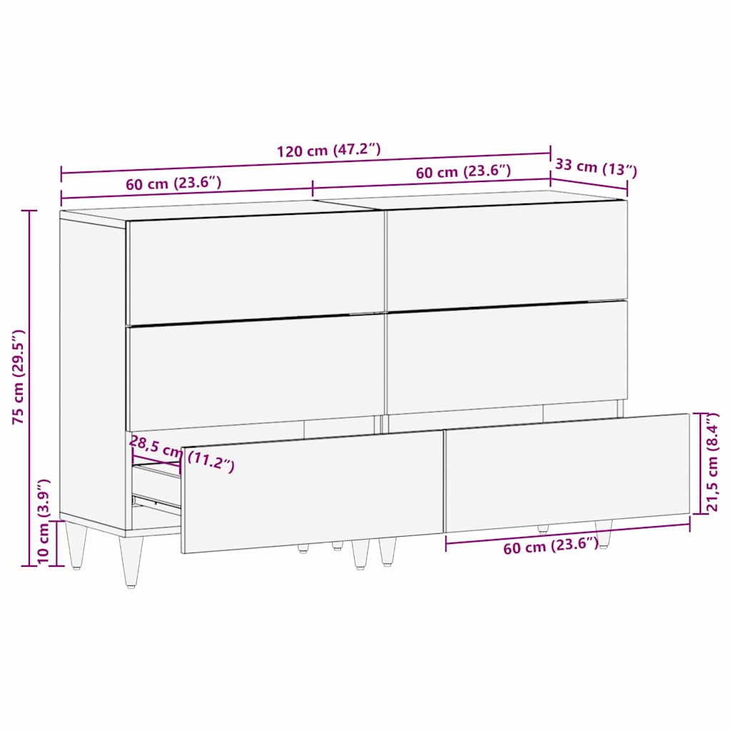 vidaXL Sideboard 2 pcs White 120 x 33.5 x 75 cm Solid Mango Wood