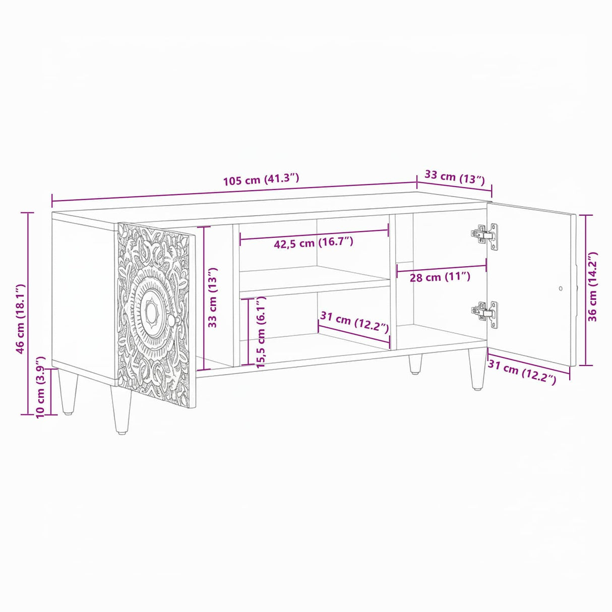 vidaXL TV Kast met opslag Wit 105 x 33,5 x 46 cm Massief Mango Hout