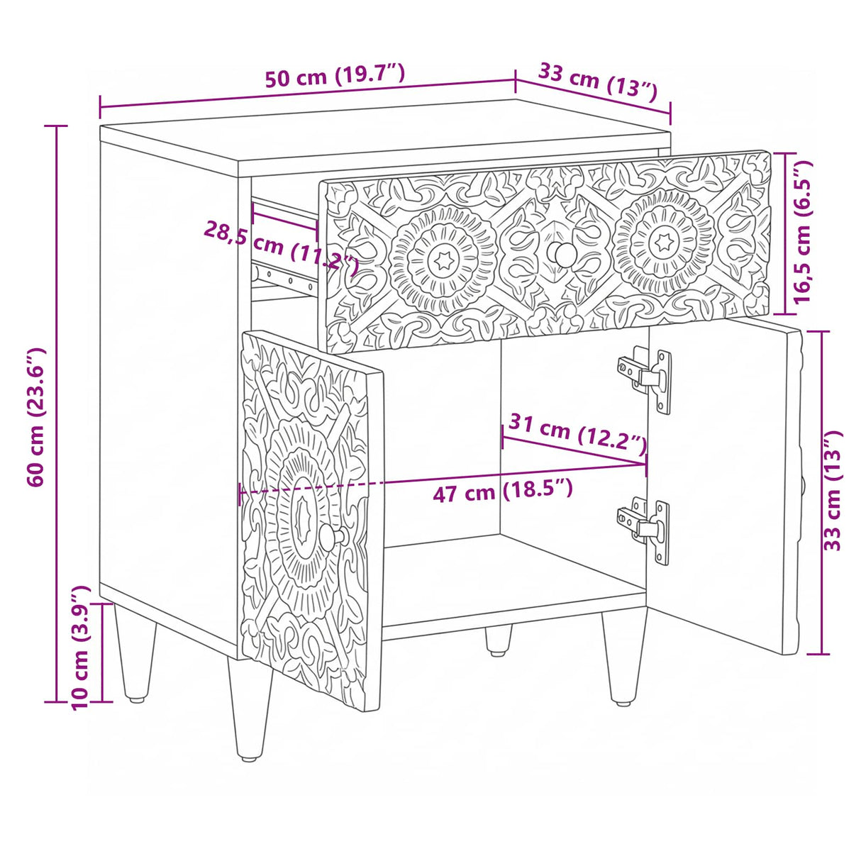 vidaXL Table de chevet avec tiroir Blanc 50 x 33 x 60 cm Bois de manguier massif