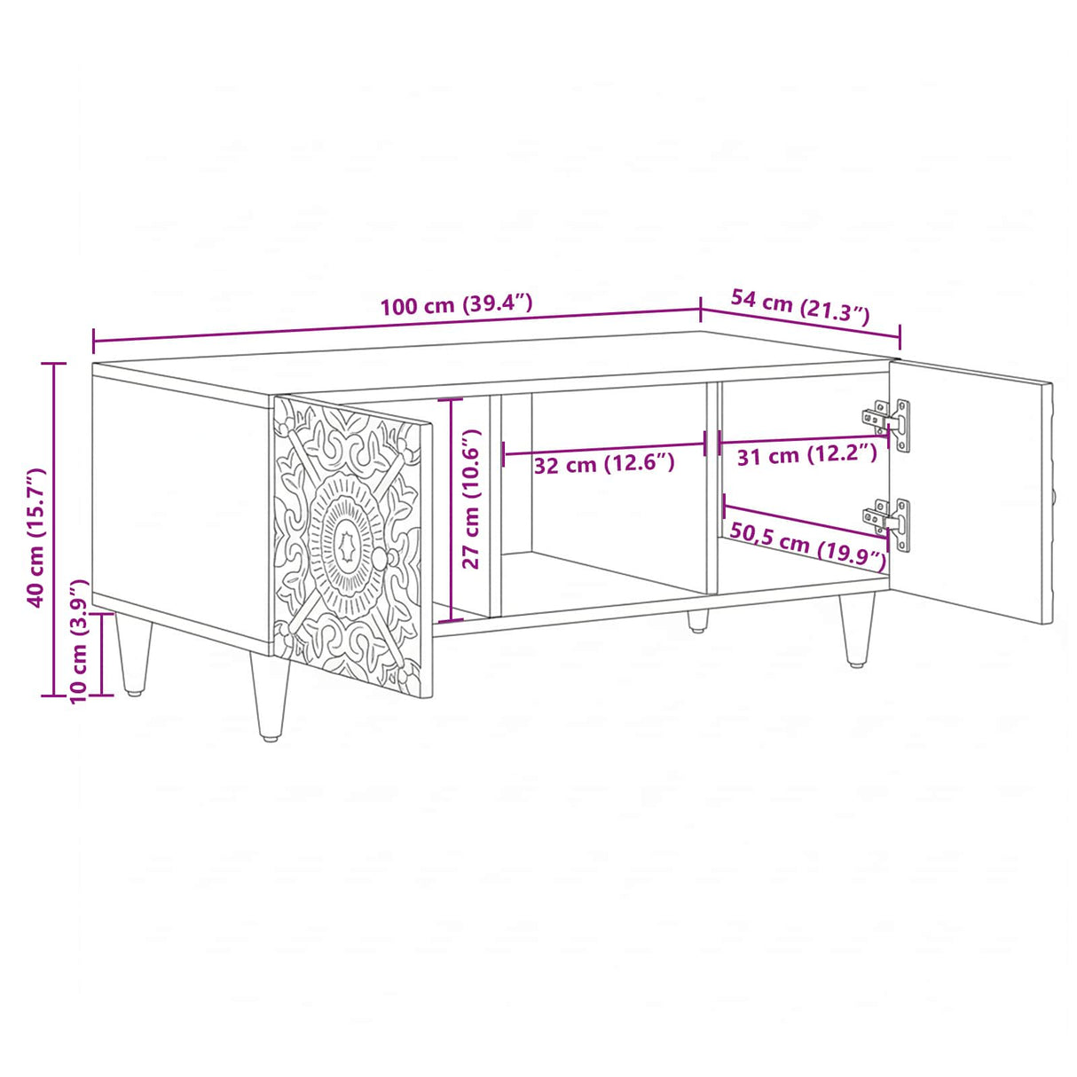 vidaXL Salontafel Wit 100 x 54 x 40 cm Massief Mango Hout