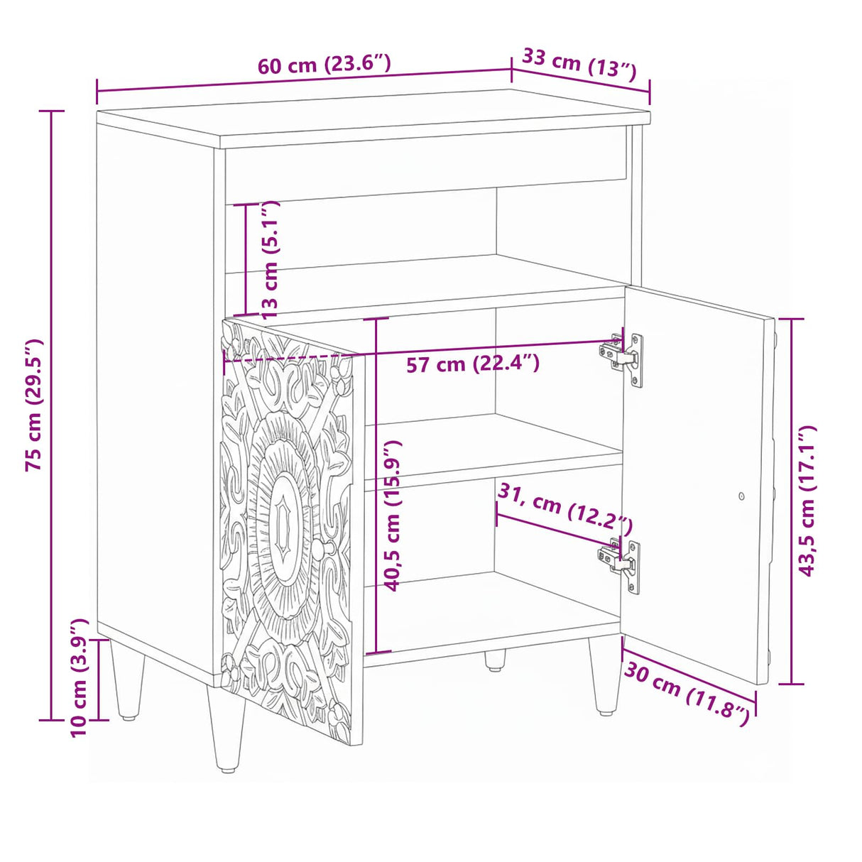 vidaXL Dressoir met opslag Wit 60 x 33,5 x 75 cm Massief Mango Hout