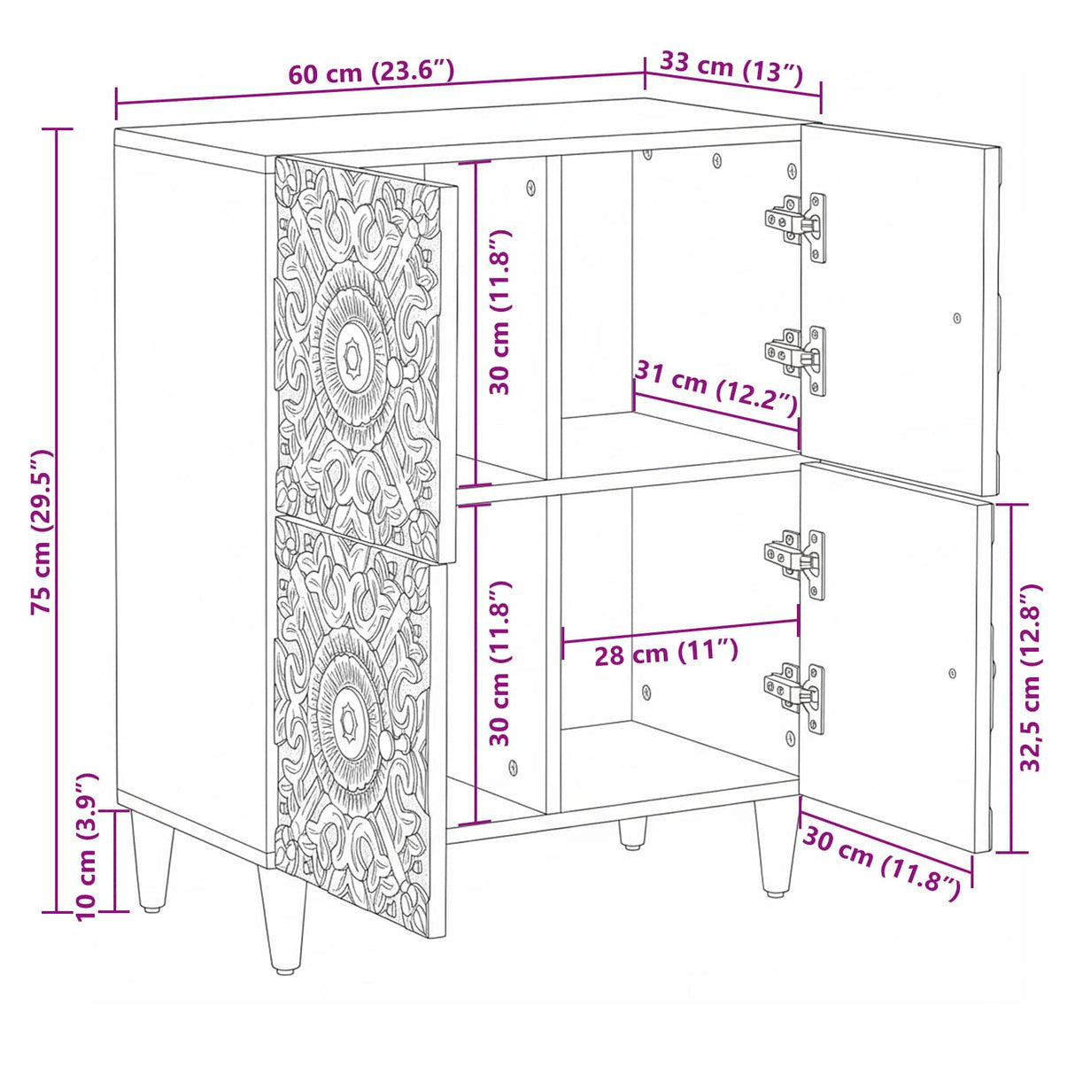 vidaXL Sideboard with Storage White 60 x 33.5 x 75 cm Solid Mango Wood