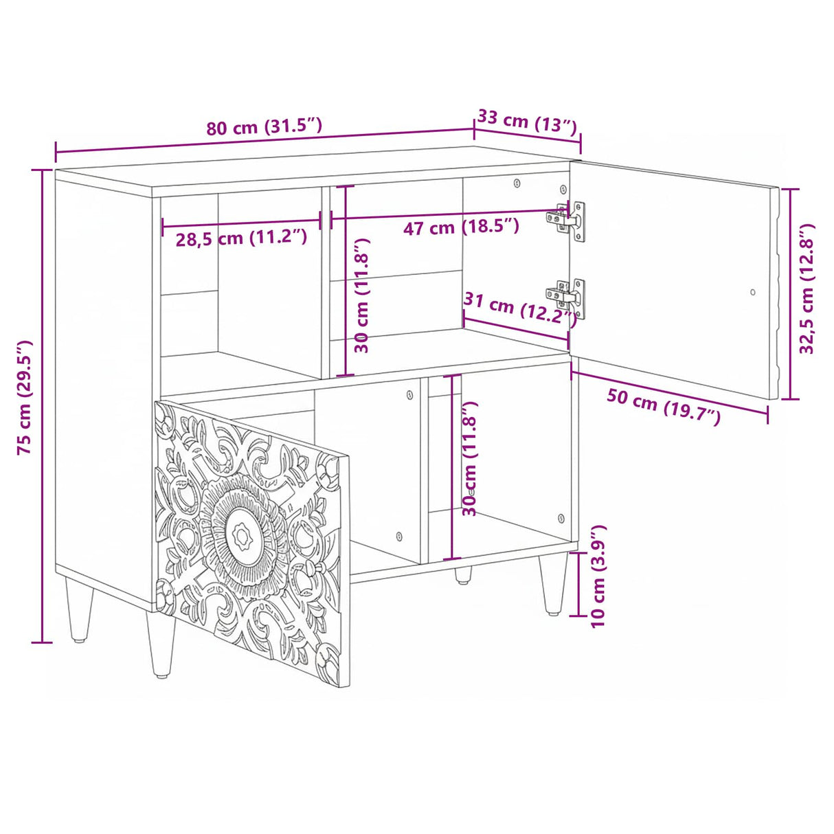 vidaXL Dressoir met opslag Wit 80 x 33,5 x 75 cm Massief Mango Hout