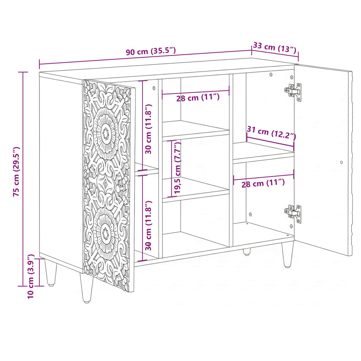 vidaXL Sideboard with Shelf White 90 x 33.5 x 75 cm Solid Mango Wood