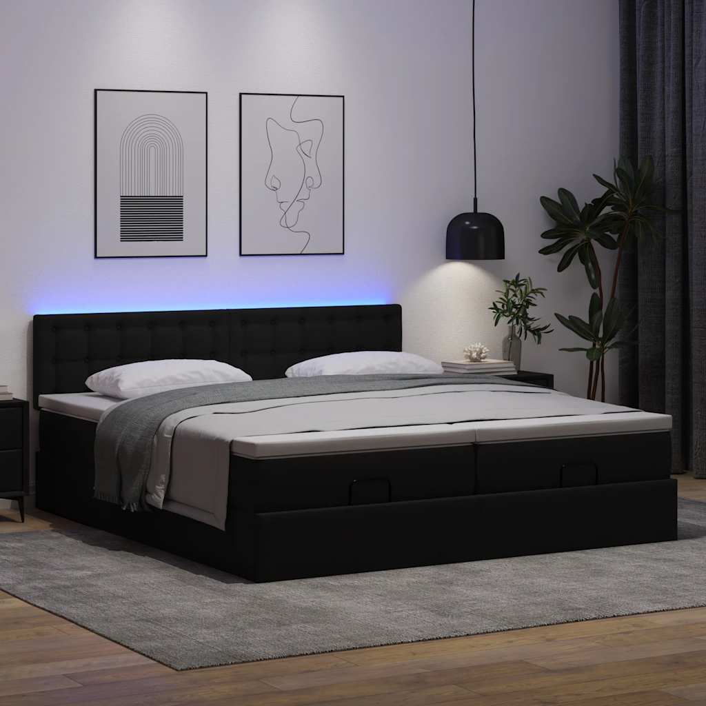 vidaXL Ottoman Bed with Mattresses and LEDs 160x200cm Faux Leather Black