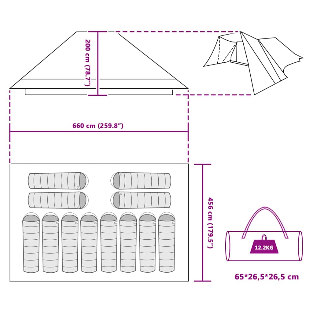 vidaXL Tipi Tent with Roof Storage Green 660 x 456 x 200 cm Taffeta