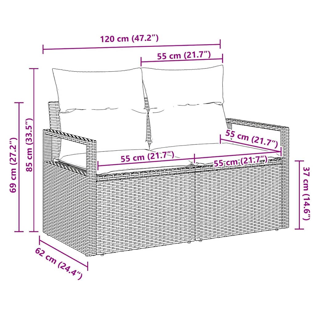 vidaXL Tuin Sofa met kussen 120 x 62 x 69 cm poly rattan