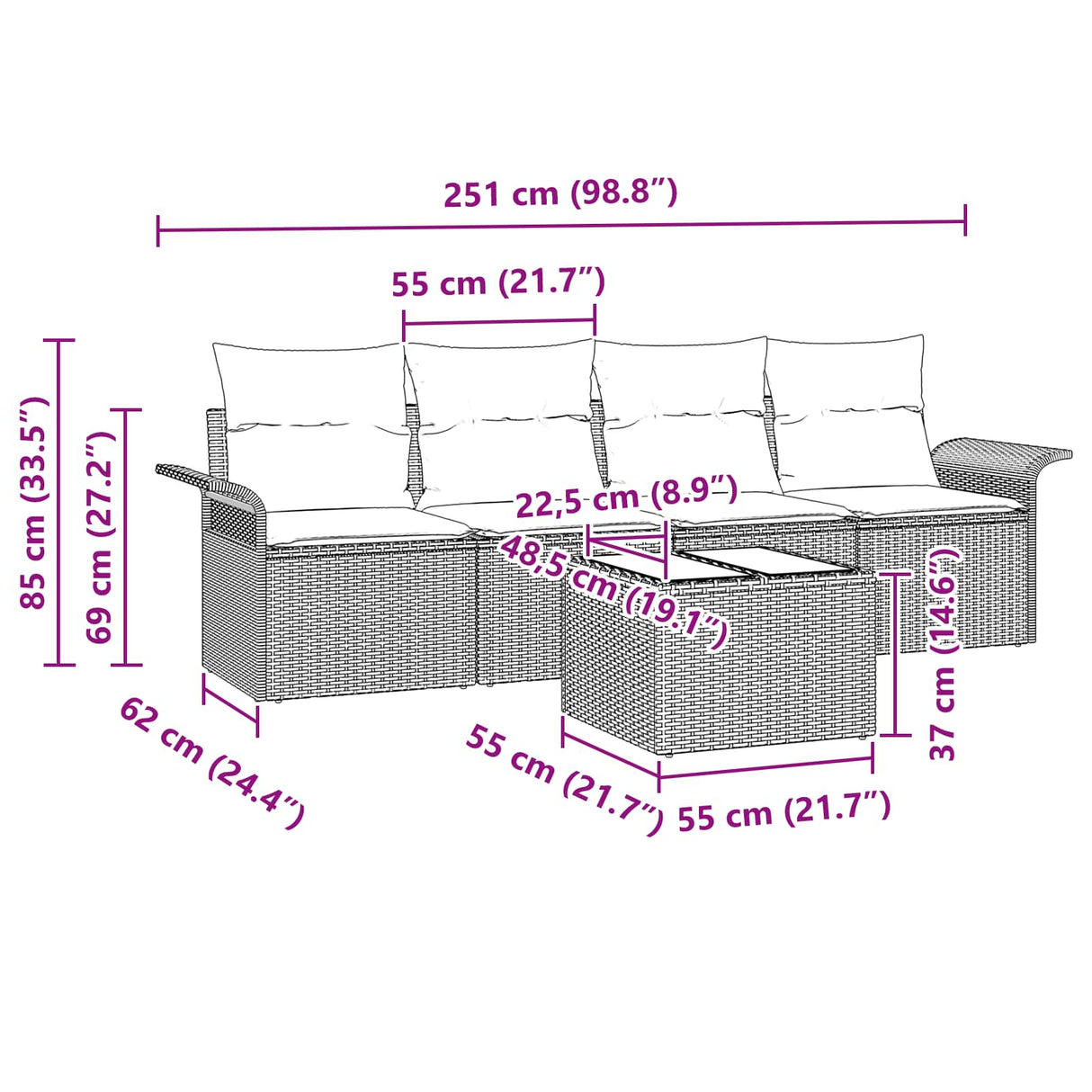 vidaXL Bankstel met kussen 5 pcs Bruin poly rattan