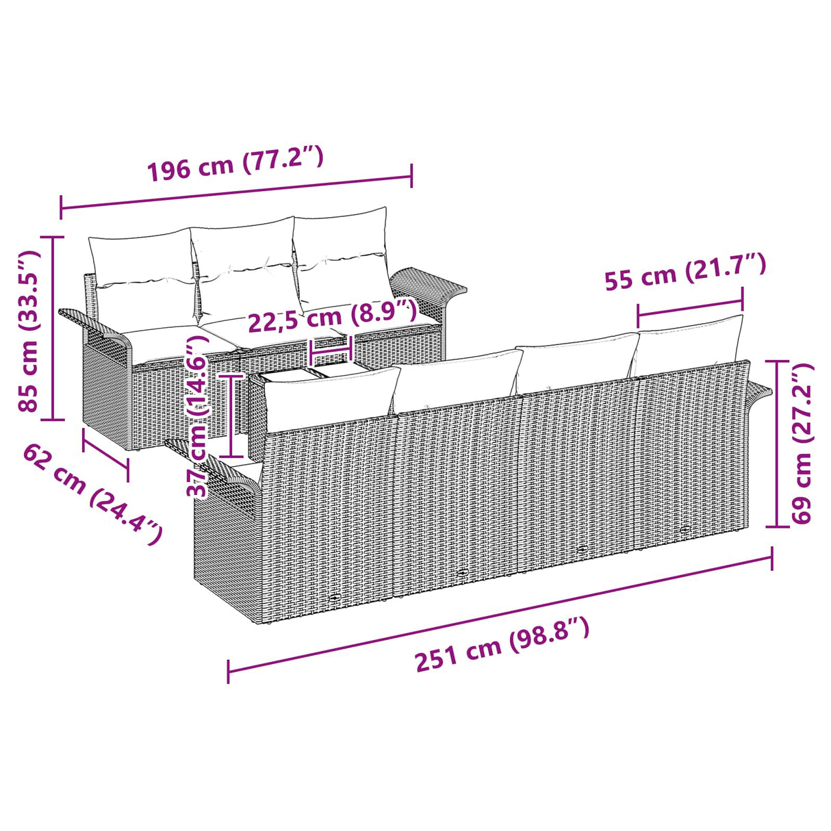 vidaXL Tuinbank Set met kussen 8 pcs Bruin poly rattan