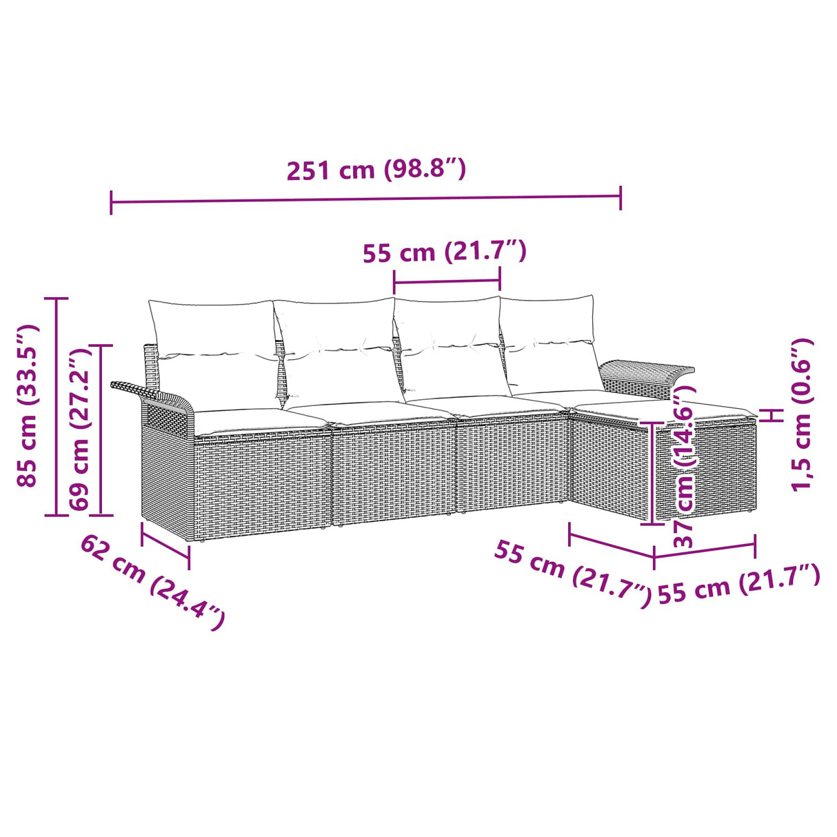 vidaXL Tuinbank Set met kussen 5 pcs Bruin poly rattan