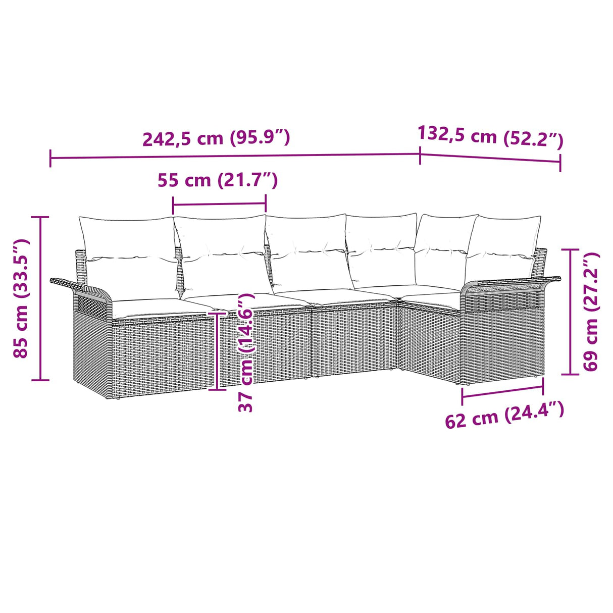 vidaXL Tuinbank Set met kussen 5 pcs Bruin poly rattan