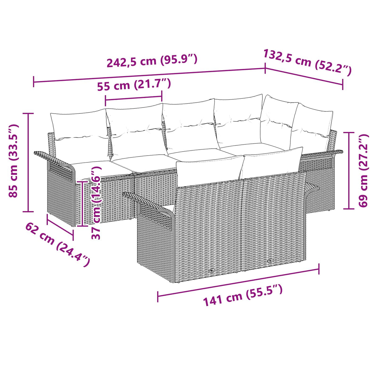 vidaXL Tuinbank Set met kussen 7 pcs Bruin poly rattan