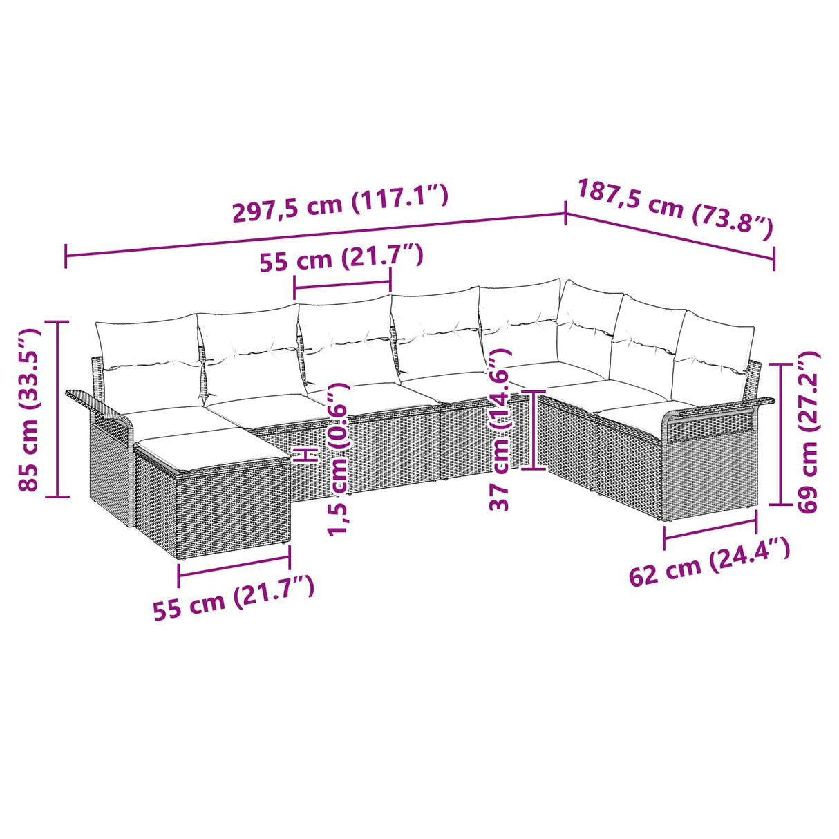 vidaXL Tuinbank Set met kussen 8 pcs Bruin poly rattan