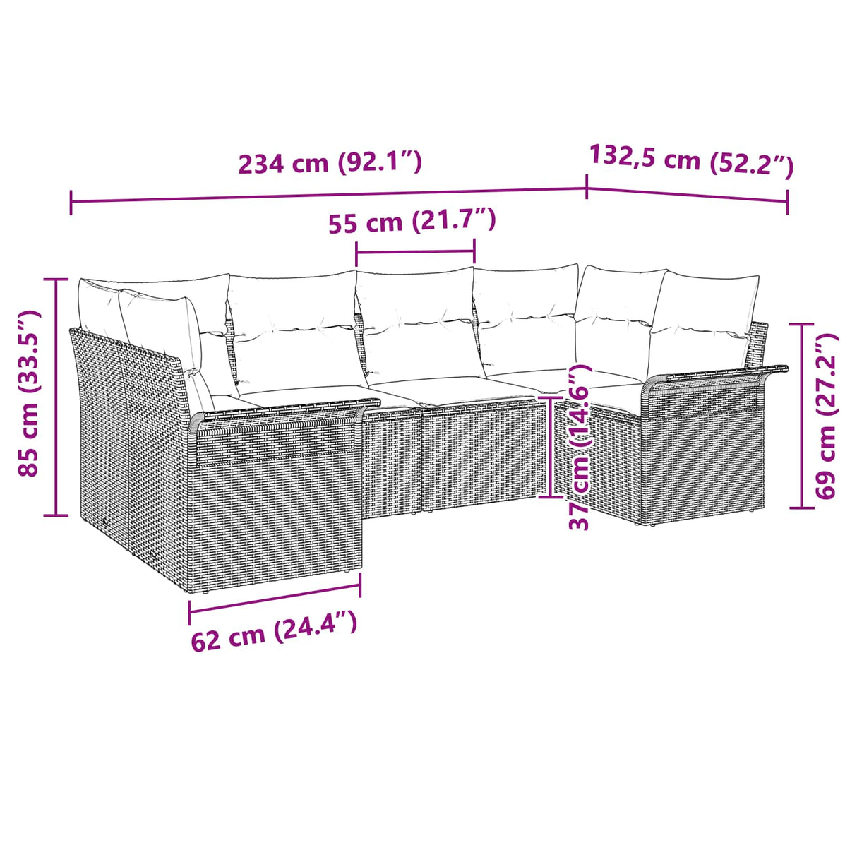vidaXL Tuinbank Set met kussen 6 pcs Bruin poly rattan