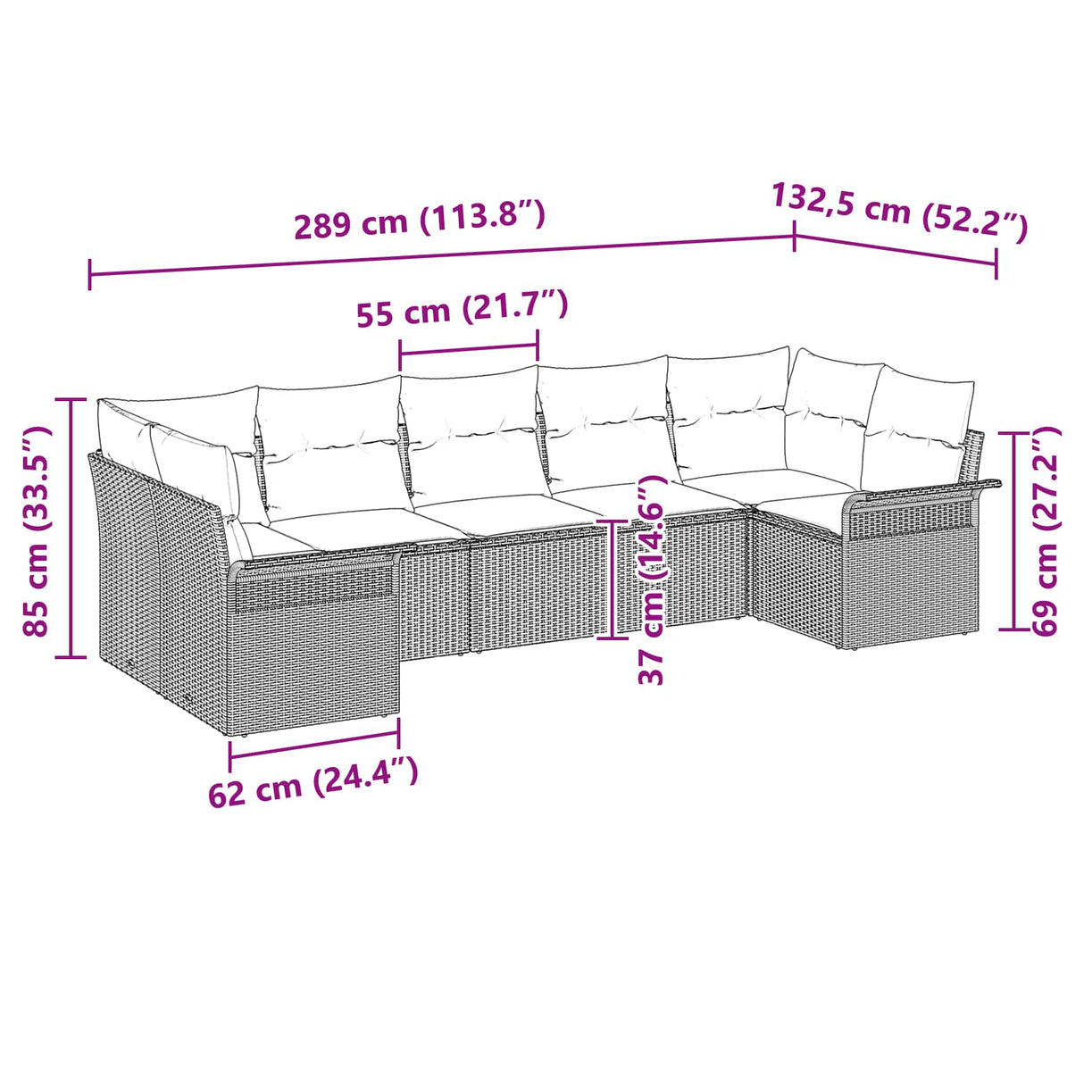vidaXL Tuinbank Set met kussen 7 pcs Bruin Poly rattan