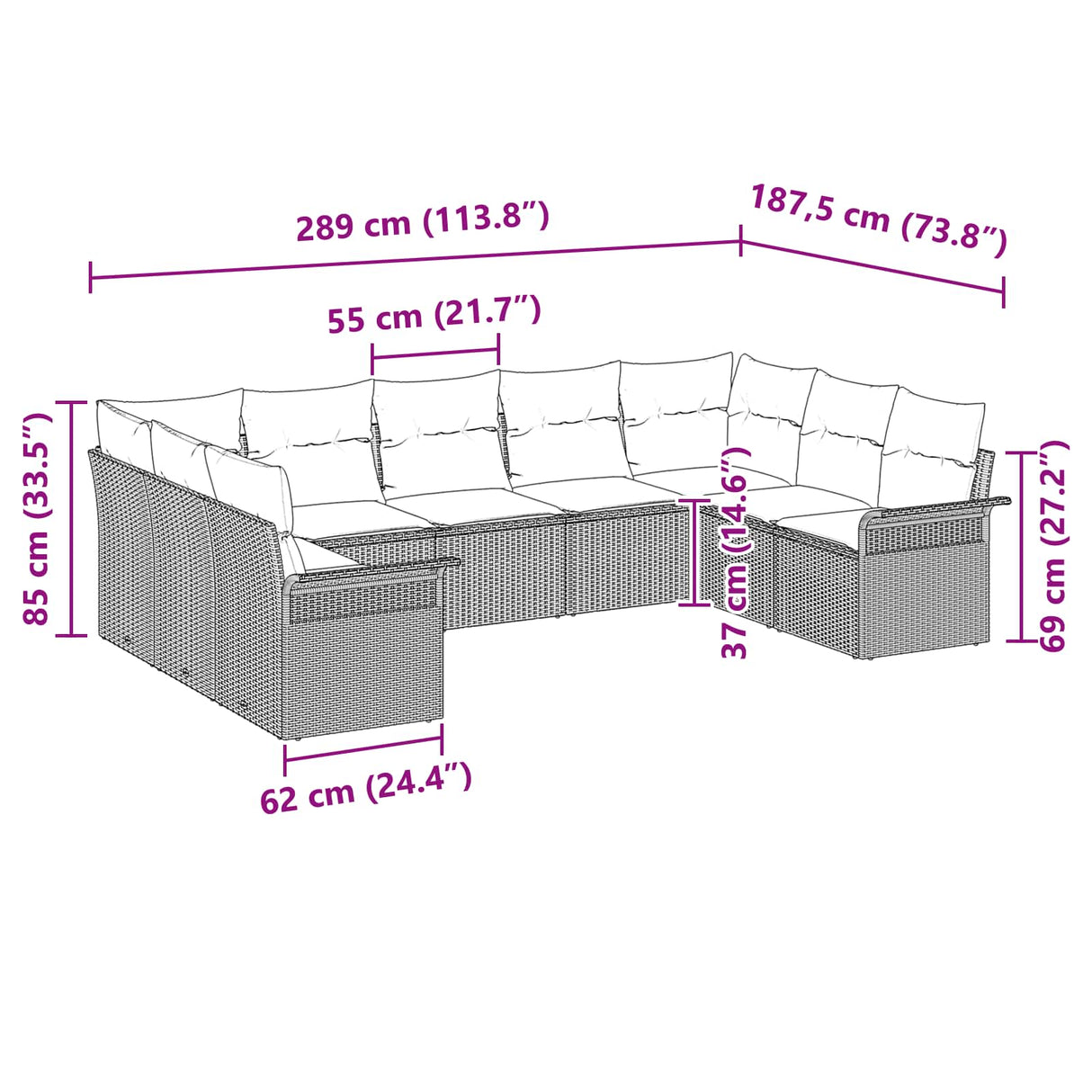 vidaXL Garden Lounge Set with cushions 9 pcs Brown poly rattan