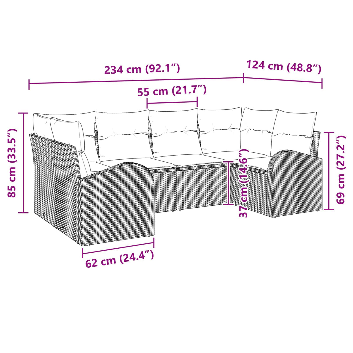 vidaXL Tuinbank Set met kussen 6 pcs Bruin Poly Riet