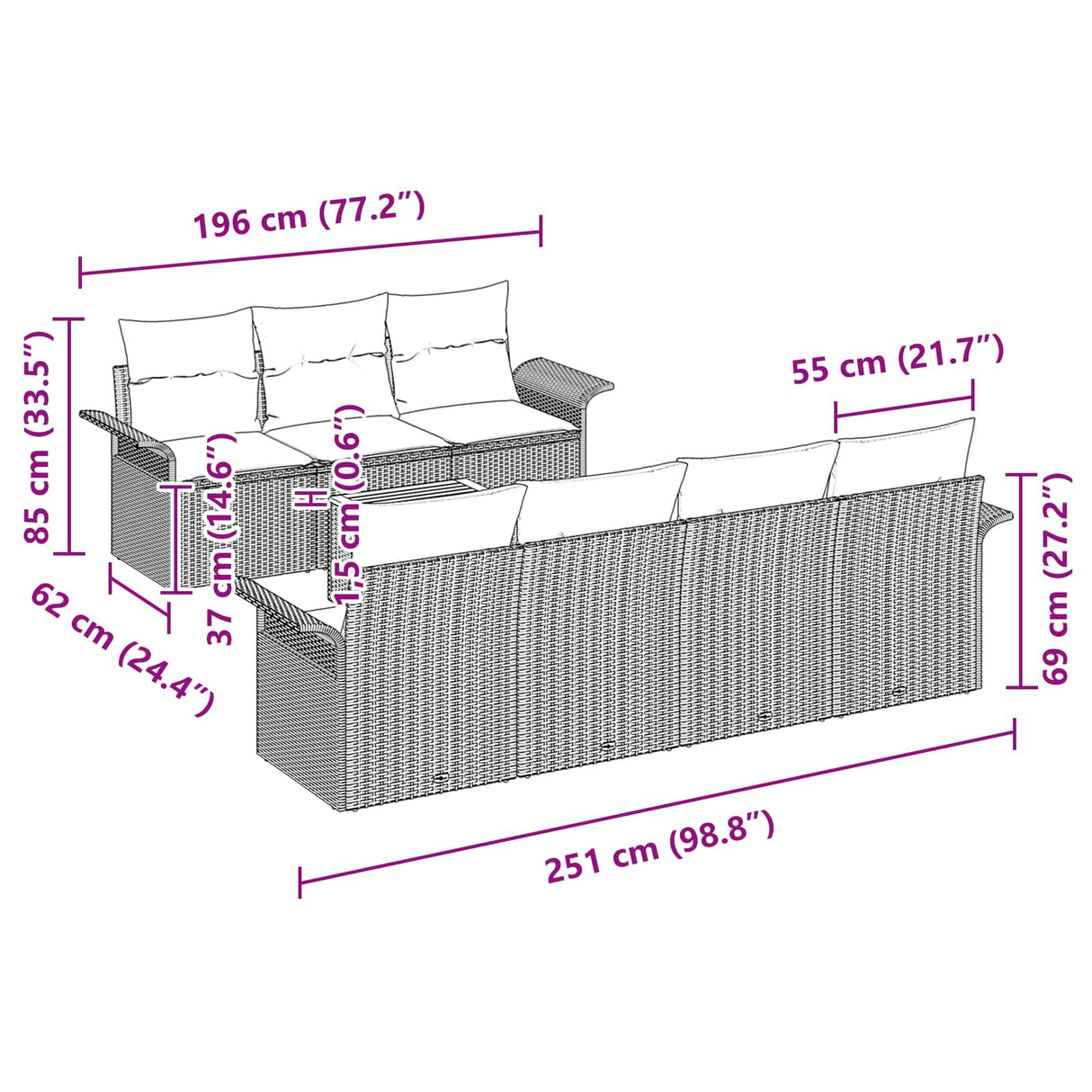 vidaXL Tuinbank Set met kussen 8 pcs Grijs poly rattan