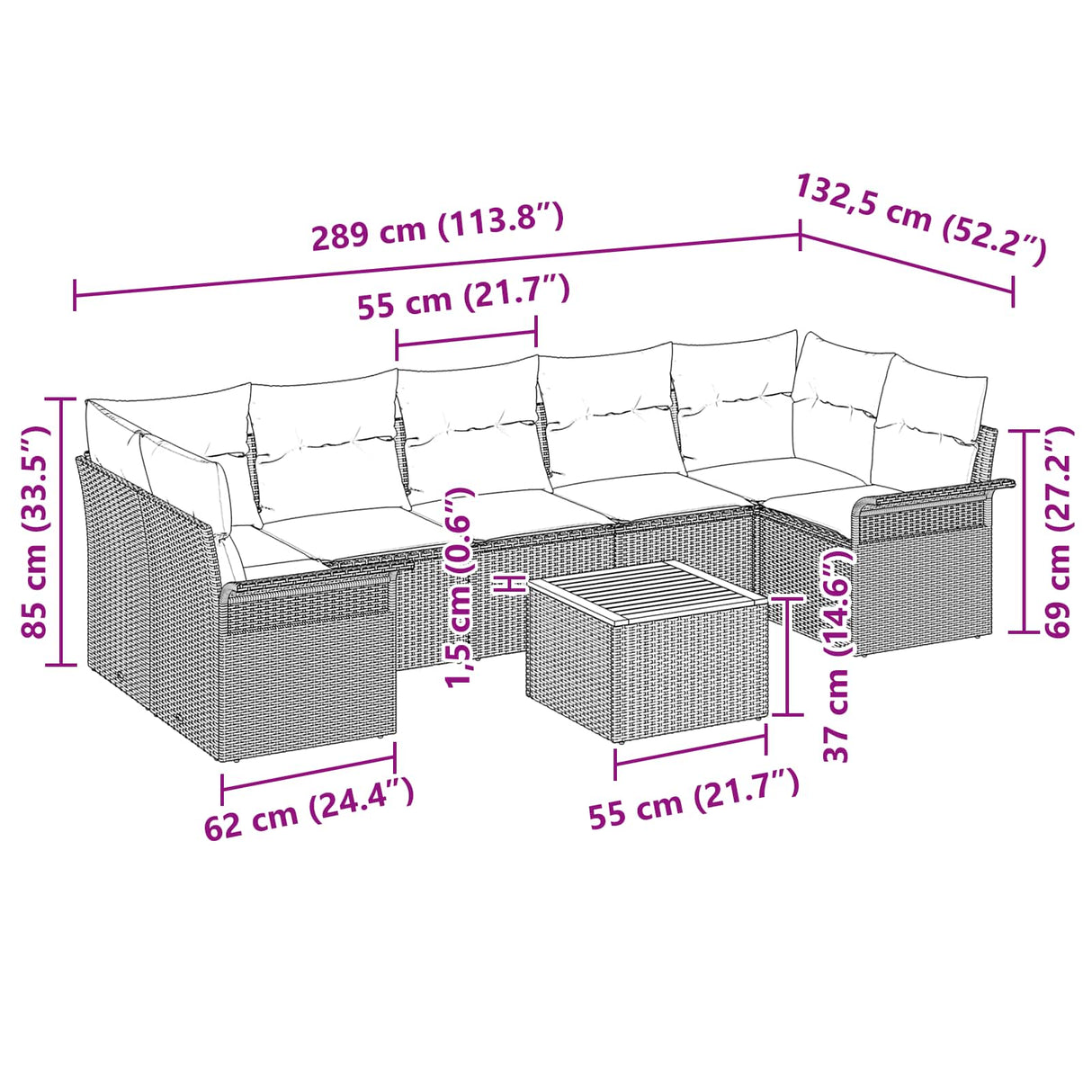 vidaXL Tuinbank Set met kussen 8 pcs Grijs poly rattan