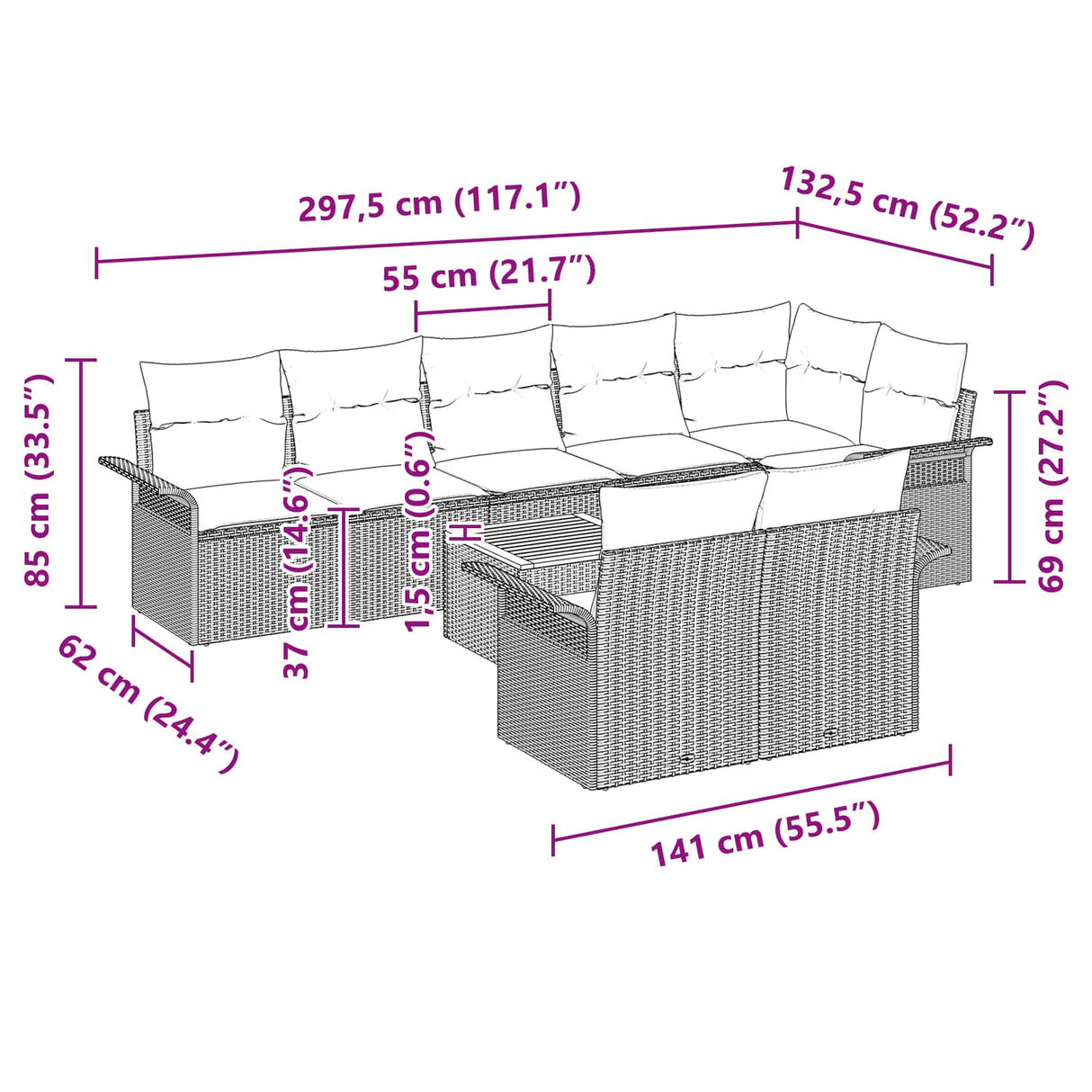 vidaXL Garden Sofa Set with Cushions 9 pcs Grey poly rattan