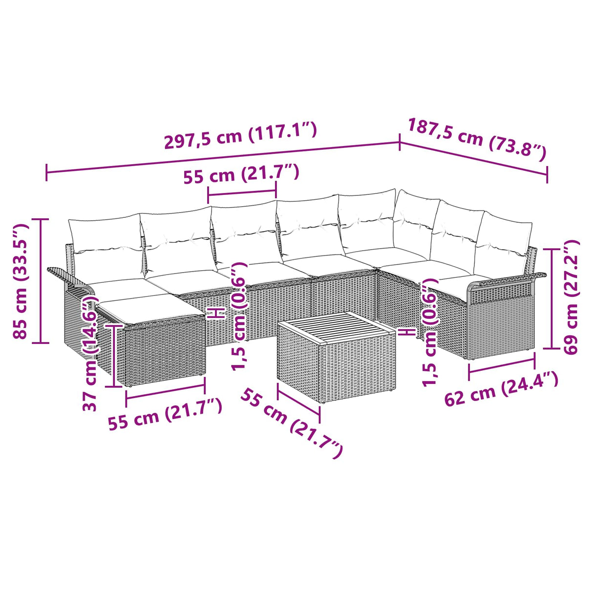 vidaXL Tuinbank Set met kussen 9 pcs Grijs poly rattan