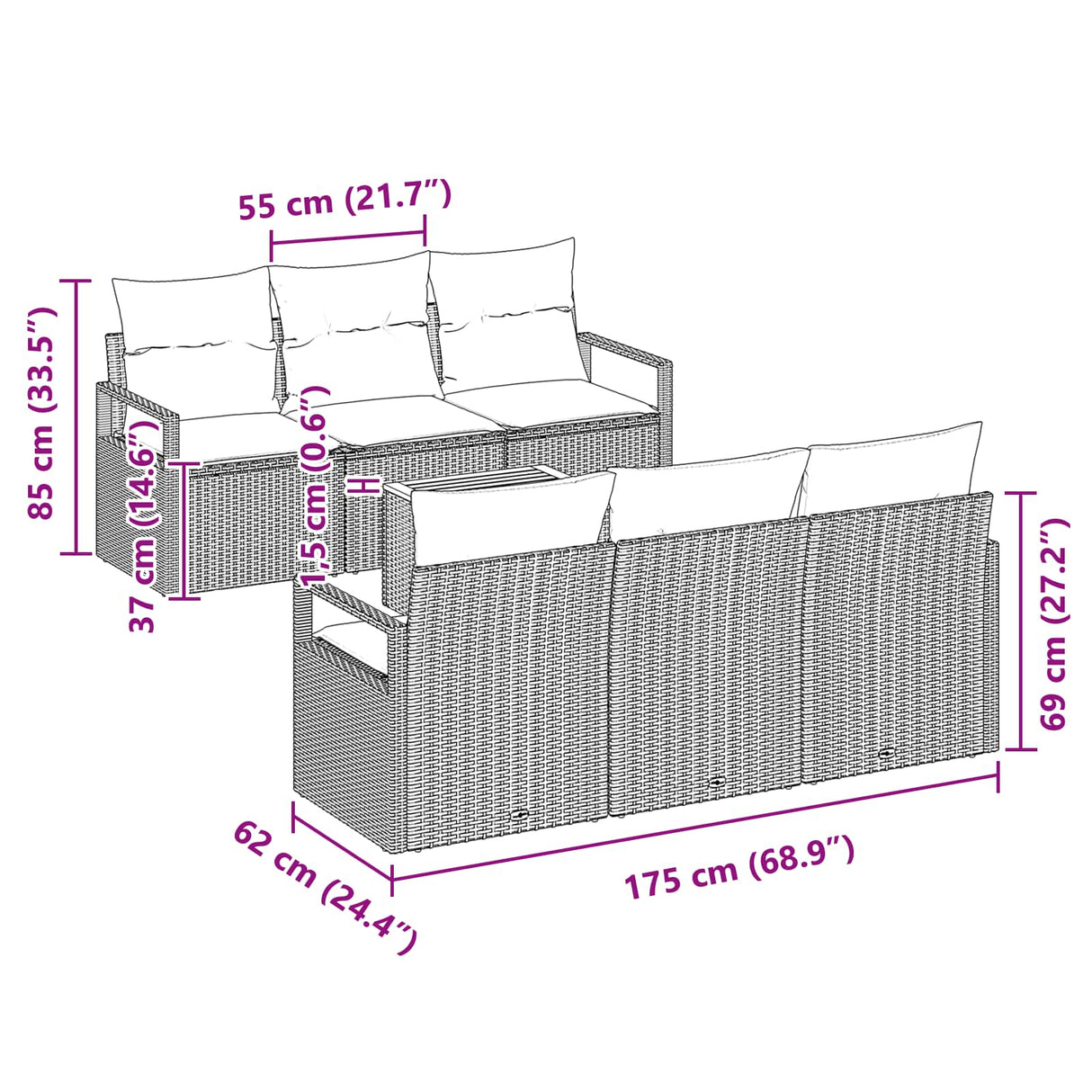 vidaXL Ensemble de salon de jardin avec coussins 7 pcs Résine tressée gris