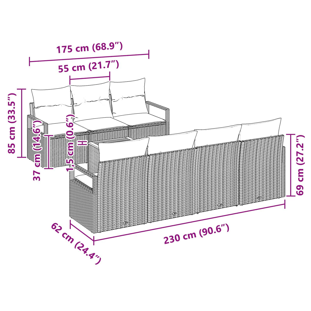vidaXL Tuinbank Set met kussen 8 pcs Grijs poly rattan