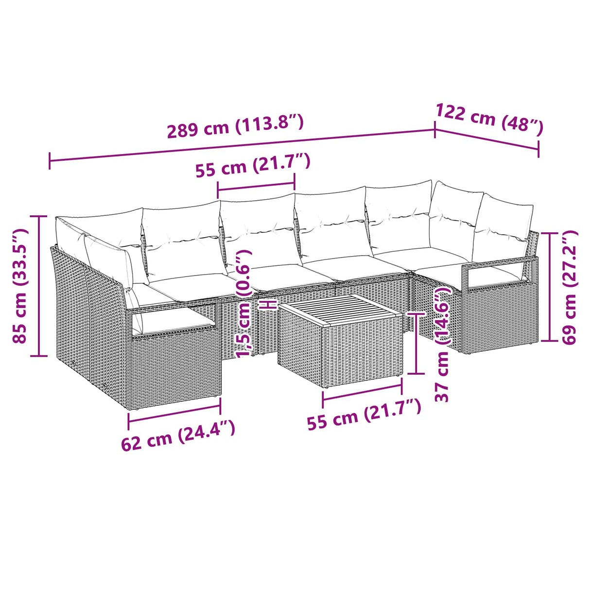 vidaXL Garden Bench Set with Cushion 8 pcs Grey Poly Rattan
