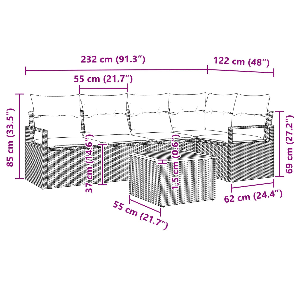 vidaXL Ensemble de banquettes de jardin avec coussin 6 pcs Résine tressée Gris