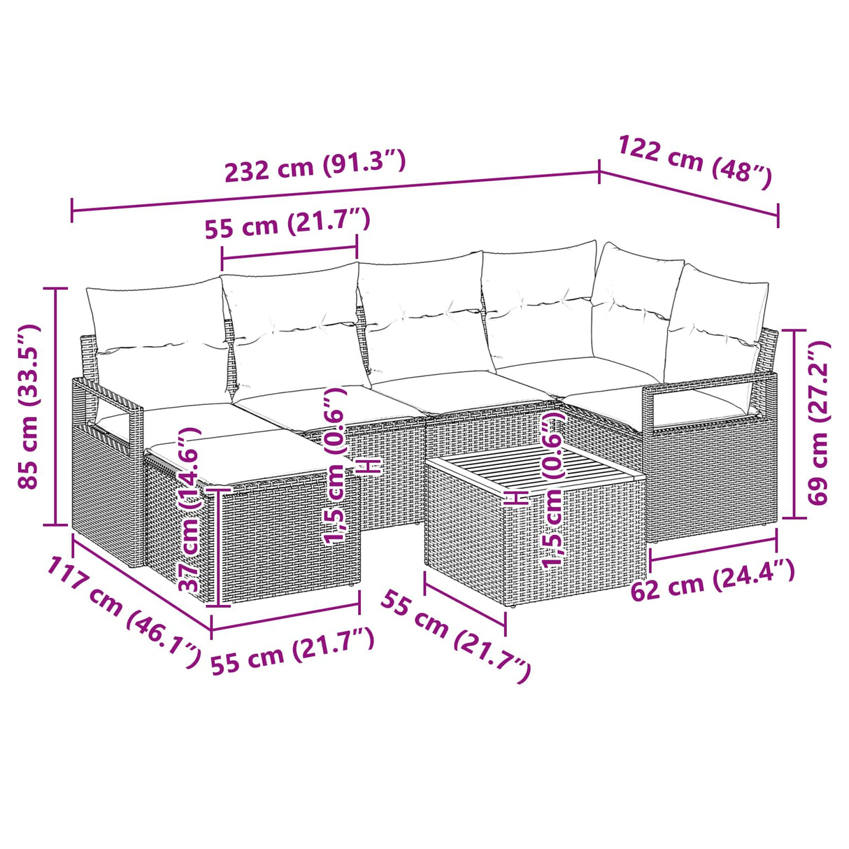 vidaXL Garden Sofa Set with cushions 7 pcs Grey poly rattan