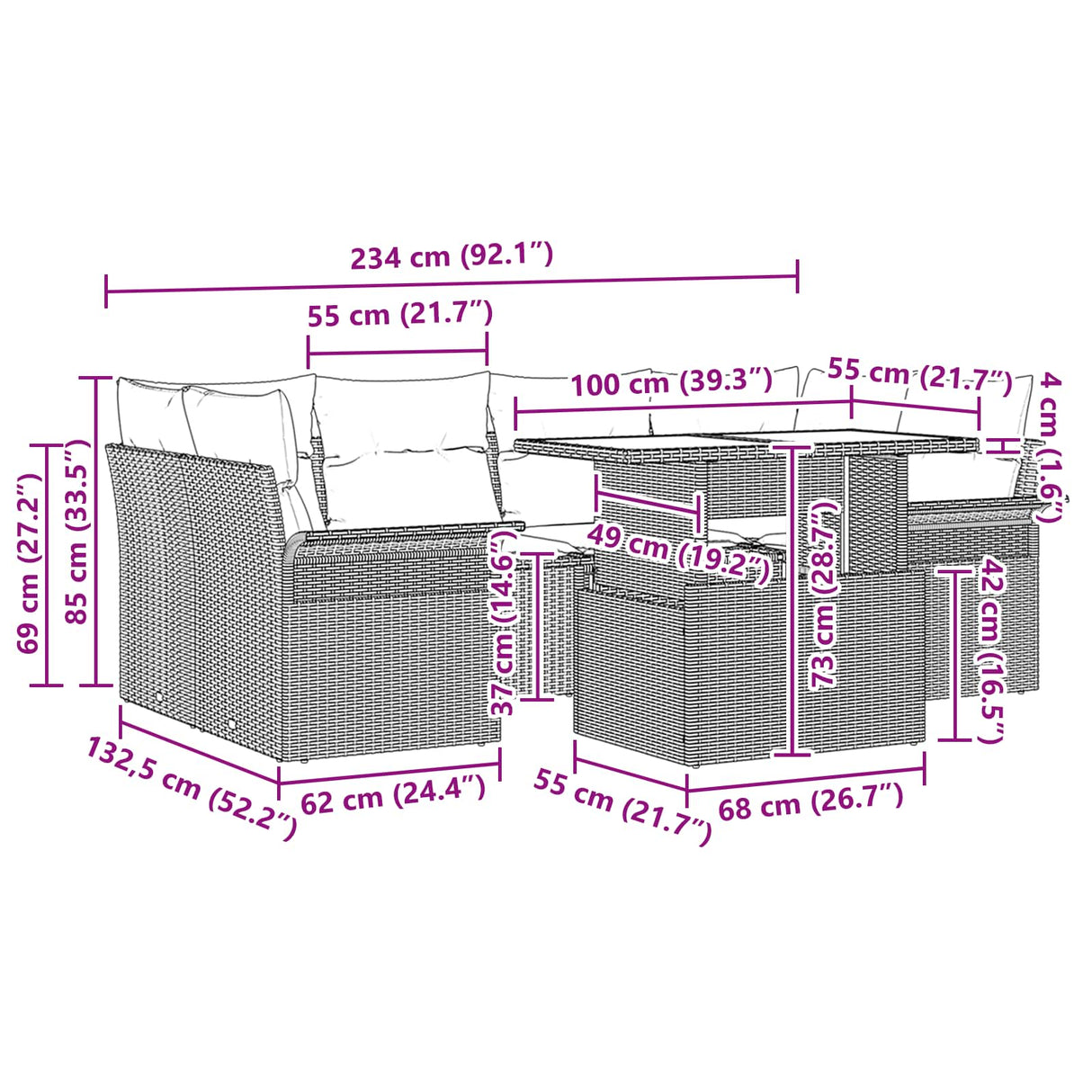 vidaXL Garden Sofa Set with cushions 7 pcs Brown poly rattan