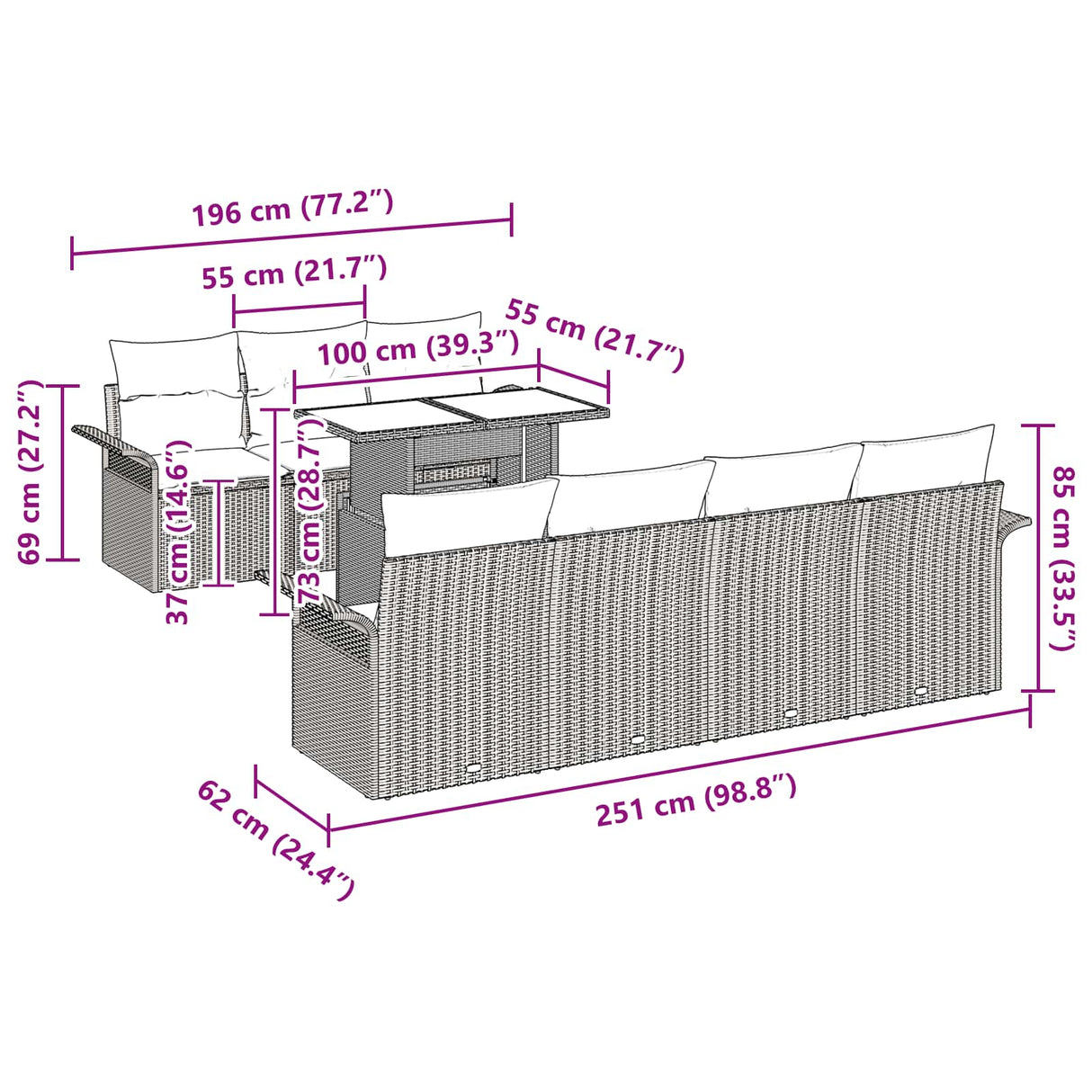 vidaXL Tuinbank Set met kussen 8 pcs Bruin poly rattan