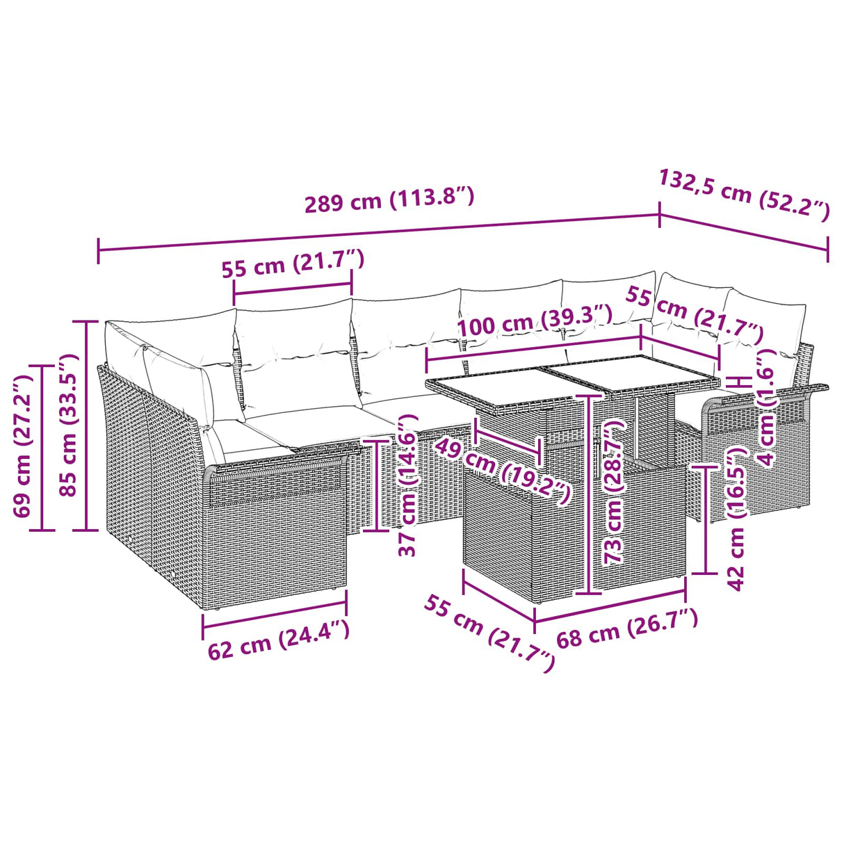 vidaXL Tuinbank Set met kussen 8 pcs Bruin poly rattan