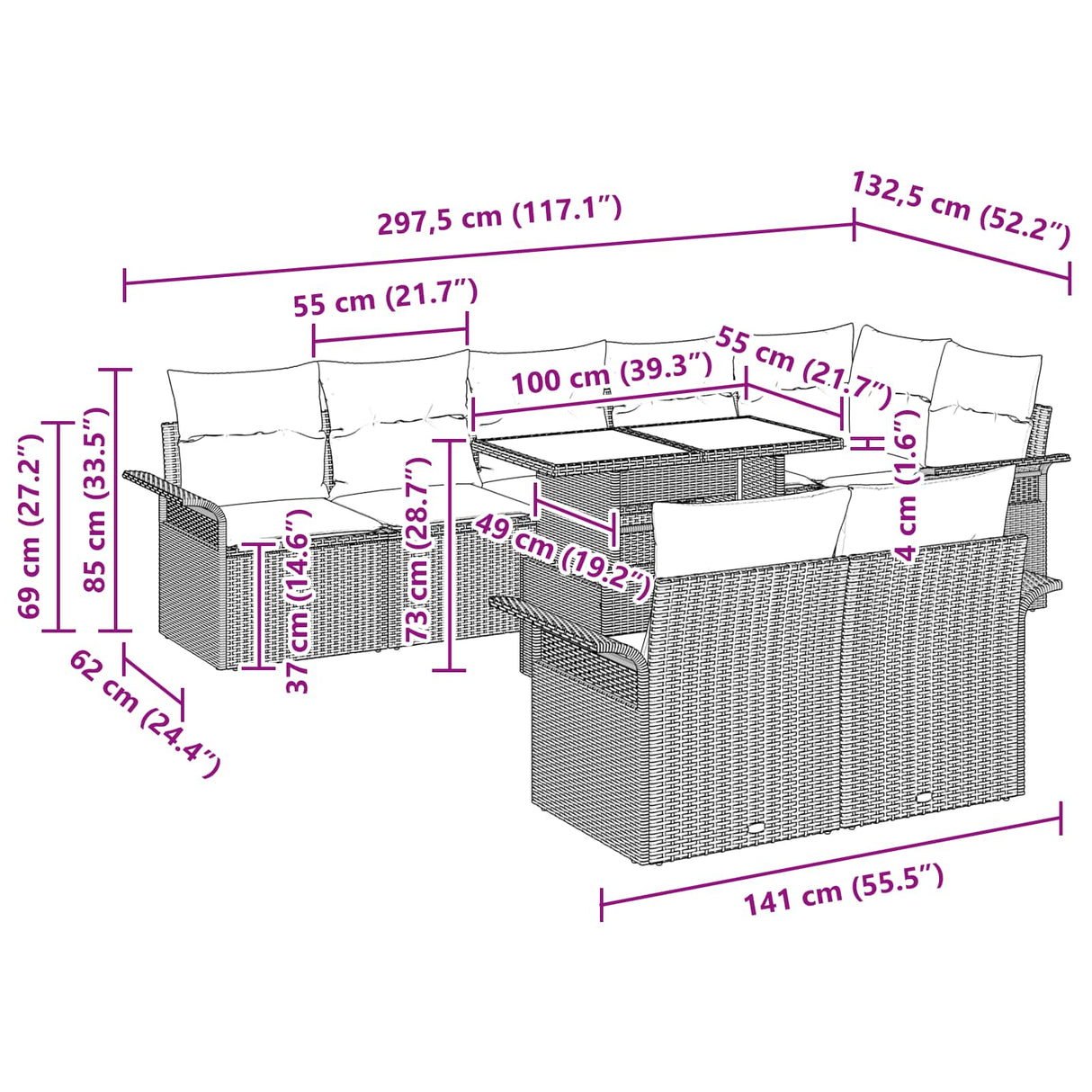 vidaXL Tuinbank Set met kussen 9 pcs Bruin Poly rattan